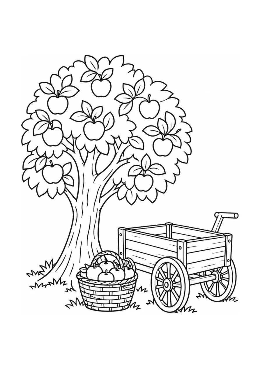 A medium coloring page with one basket of apples, one apple tree, and one wooden produce cart.