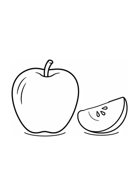 Ganzer roter Apfel und Apfelscheibe als einfaches Ausmalbild.