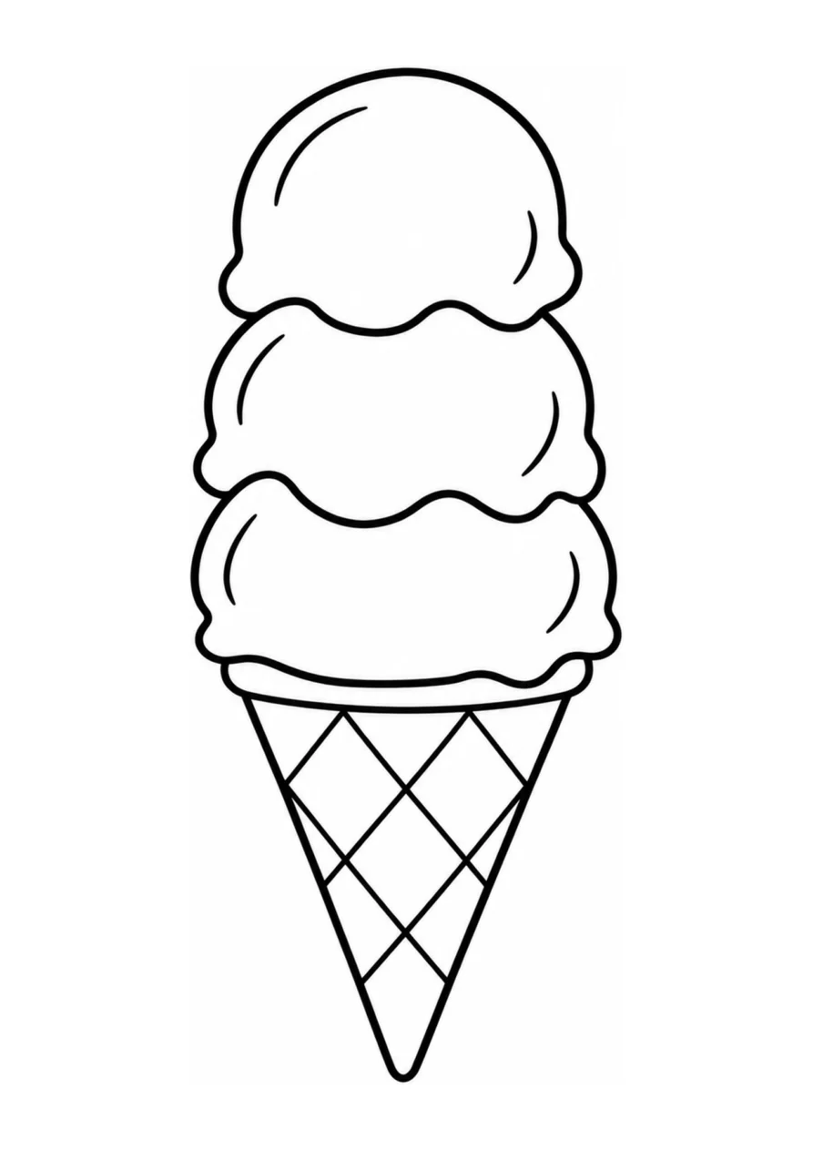 An easy coloring page with one triple-scoop ice cream cone.