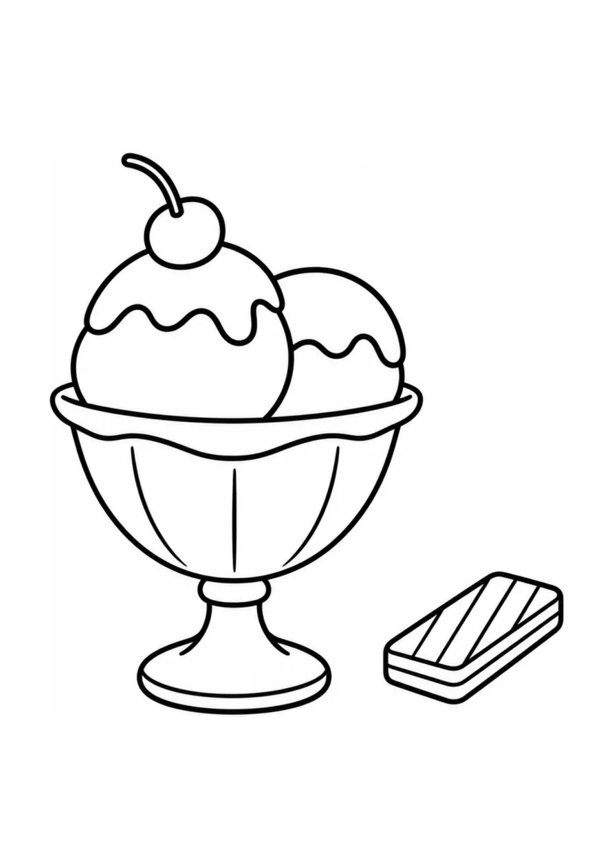 Coupe glacée et biscuit gaufrette, un coloriage facile.