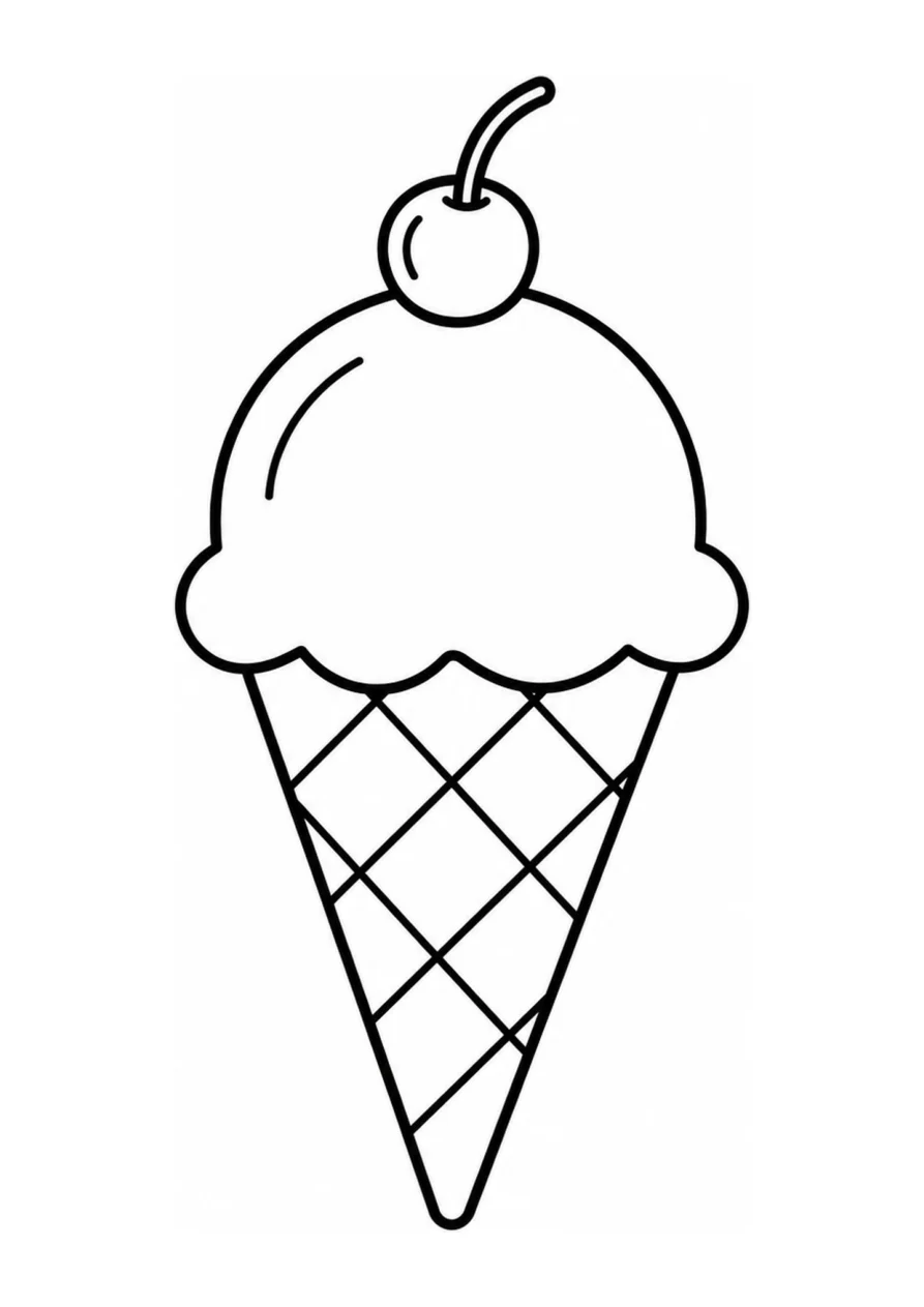 Cono gelato e ciliegia come disegno da colorare facile.