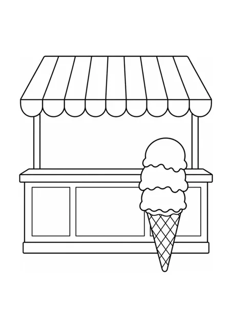 Eiswaffel mit drei Kugeln und Eisdielentheke und gestreifte Ladenmarkise als mittelschweres Ausmalbild.