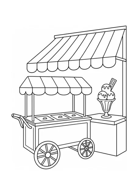 Eisbecher und Eiswagen und gestreifte Café-Markise als mittelschweres Ausmalbild.