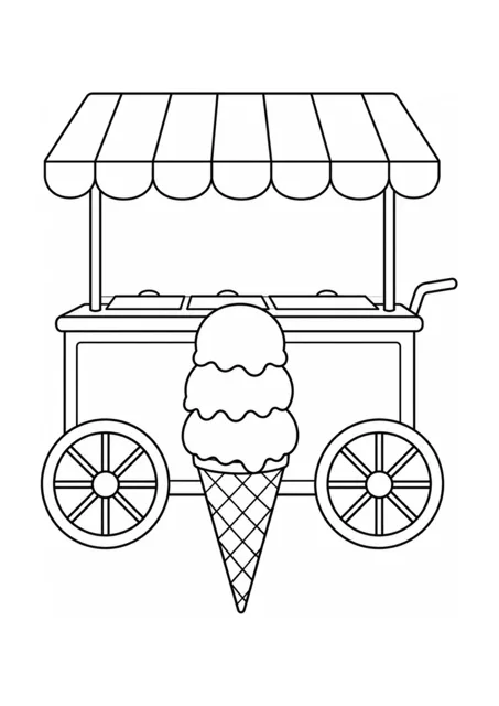 Eiswaffel mit drei Kugeln und Eiswagen als mittelschweres Ausmalbild.