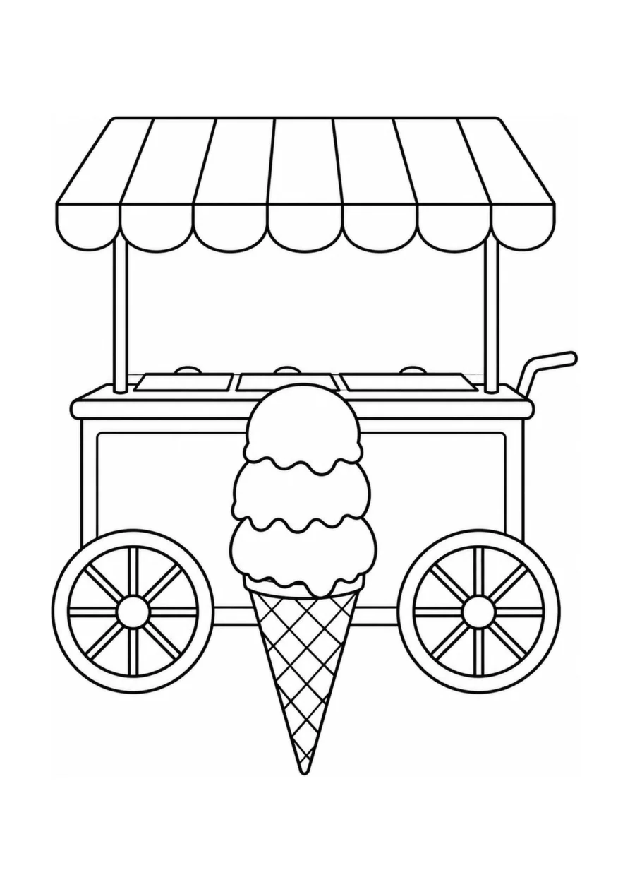 Cornet de glace à trois boules et chariot à glaces, un coloriage de difficulté moyenne.