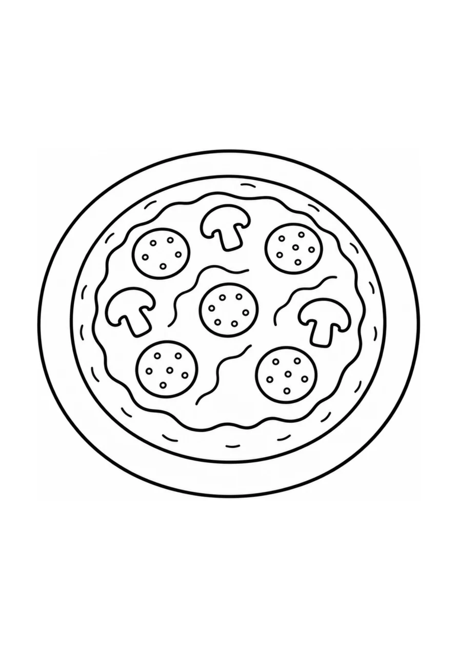 Pizza und runder Servierteller als einfaches Ausmalbild.