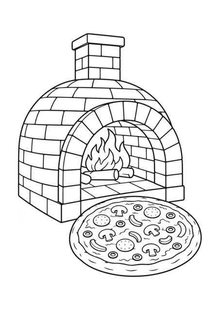 Ganze Pizza und Steinpizzaofen als mittelschweres Ausmalbild.