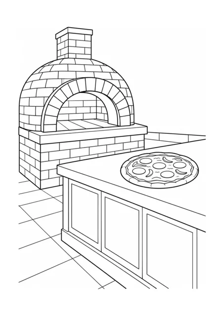 Ganze Pizza und Steinpizzaofen und Pizzeria-Theke als mittelschweres Ausmalbild.