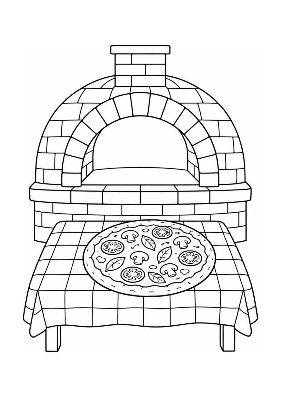 Pizza et four à pizza en brique et table à damier, un coloriage de difficulté moyenne.