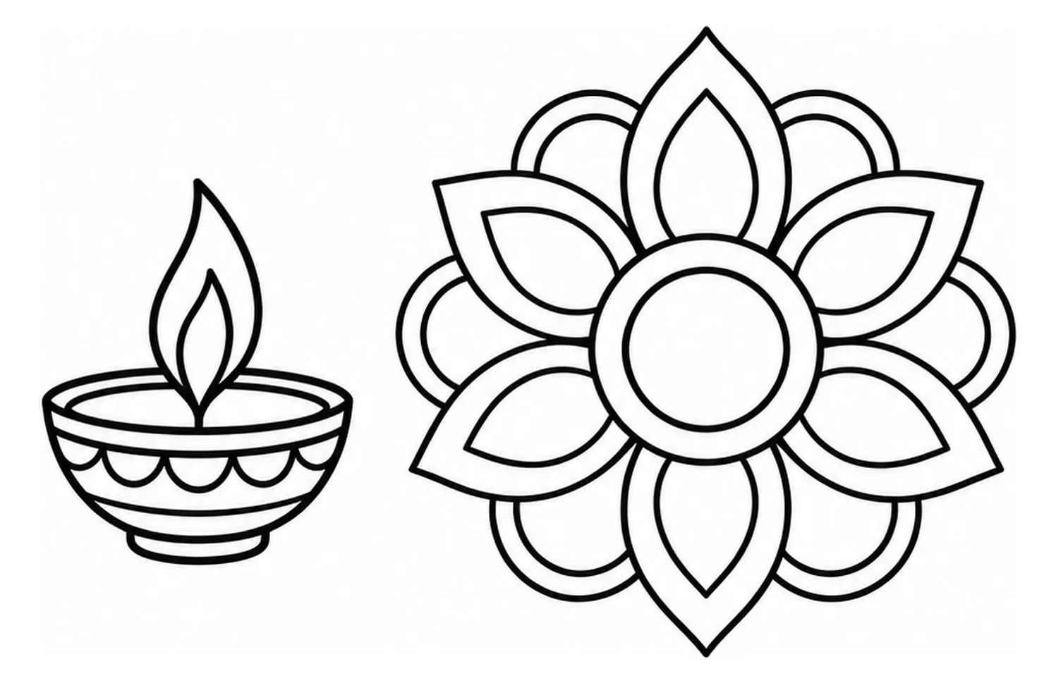 Kleurplaat: een brandende diya in het midden van een ronde rangoli met brede bloembladvormen.