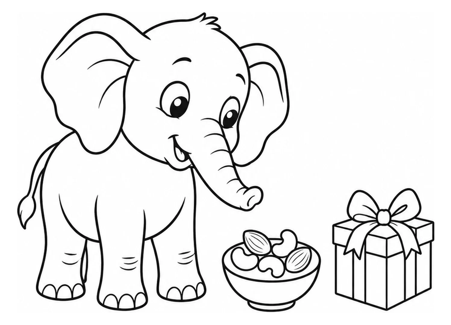 Kleurplaat: een vriendelijke olifant met zowel een sierkleed als een halsketting; daarnaast staan een ingepakt geschenk en een kom noten.