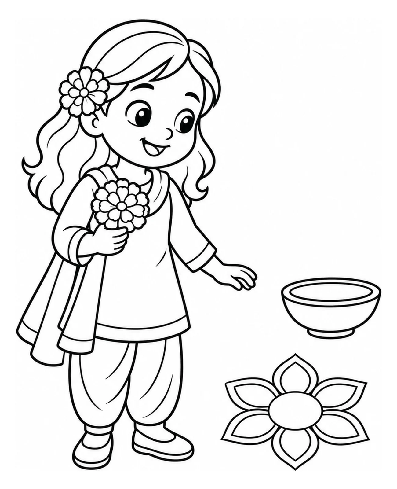 Kleurplaat: een feestelijk gekleed kind knielt bij een kleine rangoli met een afrikaantje en een kleikom.