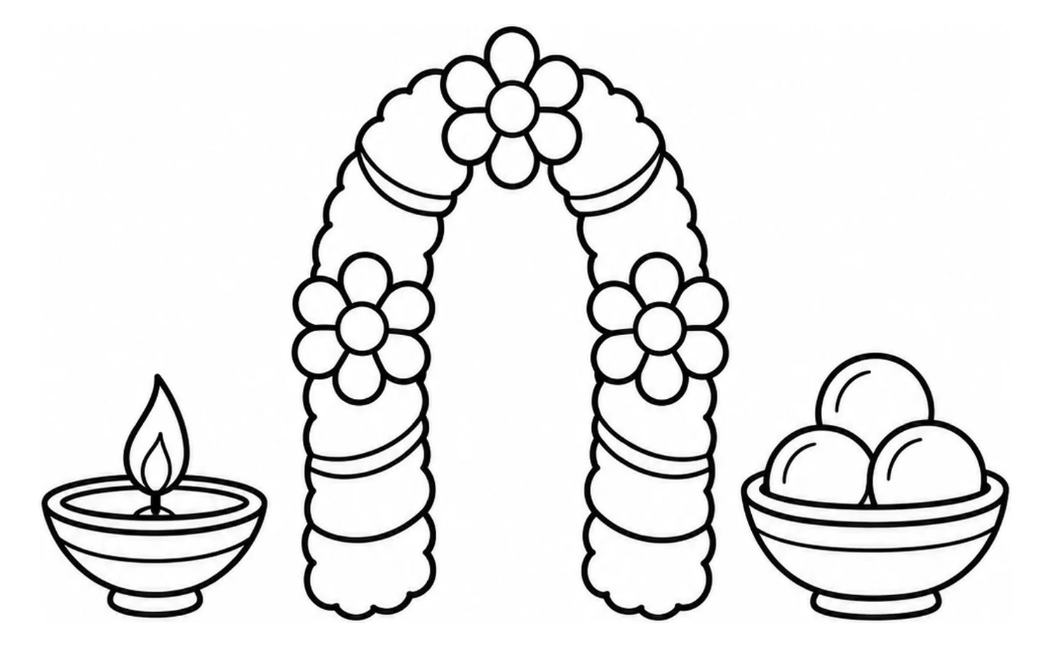 Ausmalbild: Eine geschwungene Ringelblumengirlande hängt über einem brennenden Ton-Diya und einer kleinen Schale mit Laddu.
