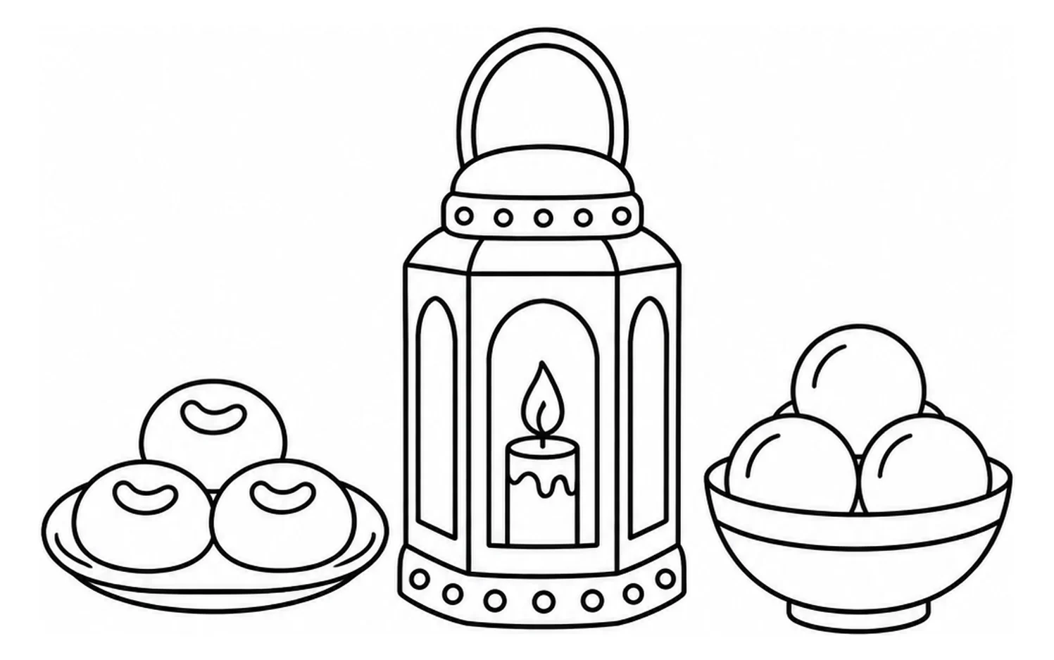 Dibujo para colorear: un kandil de papel decorado con borla cuelga sobre un plato de dulces indios variados y un cuenco de ladoos redondos.