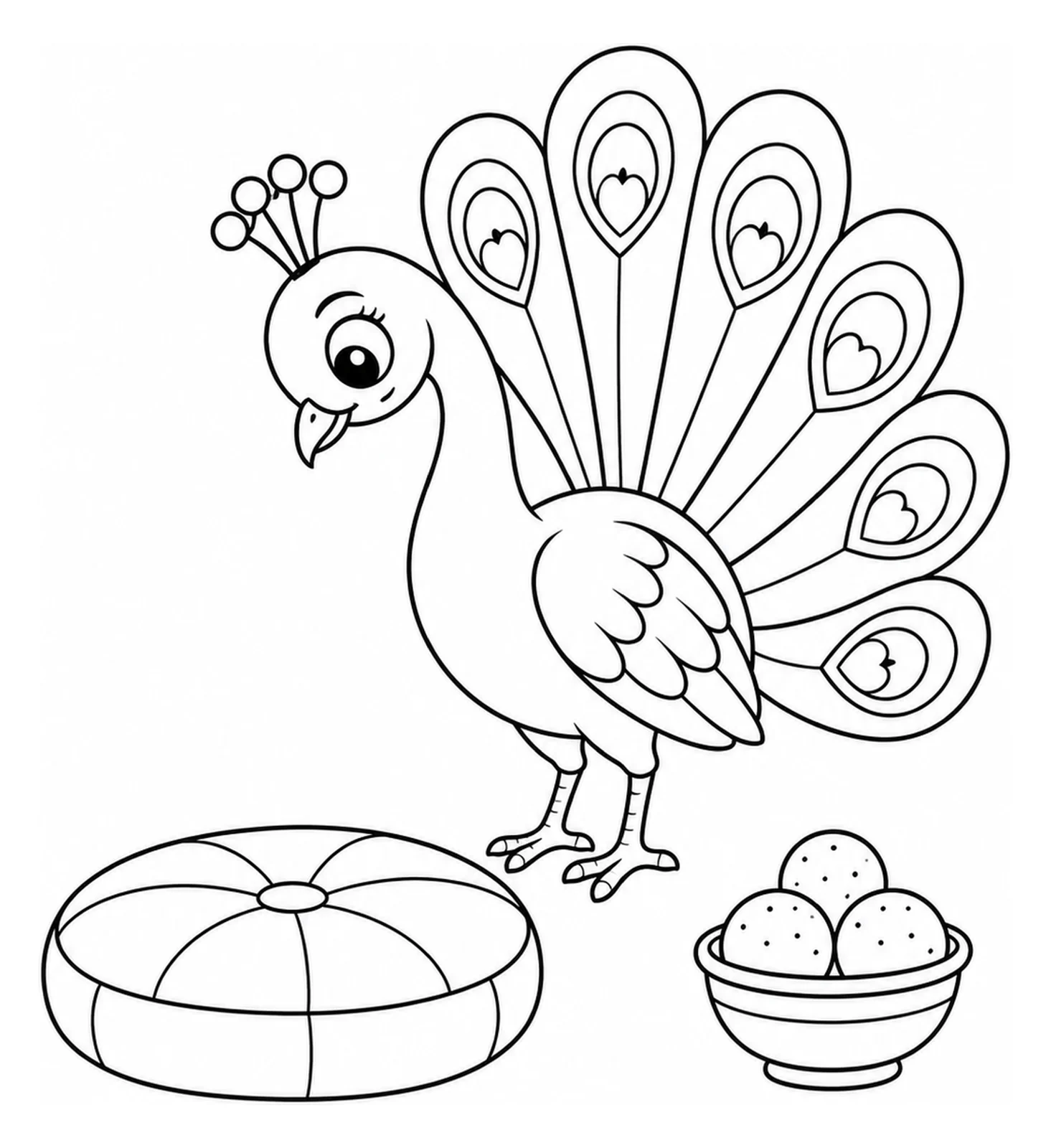 Coloring page: A friendly peacock stands with its tail partly open beside a round floor cushion and a bowl of ladoos.