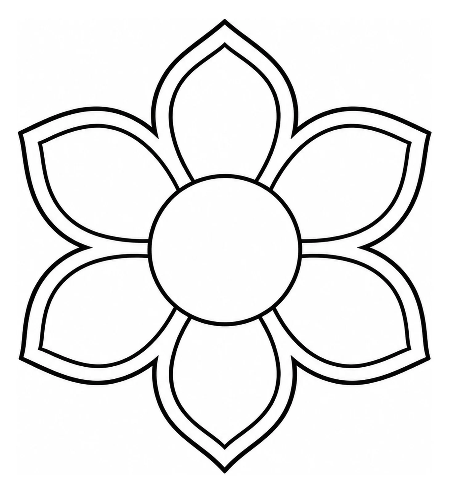 Kleurplaat: een symmetrische ronde rangoli met grote druppelvormige blaadjes en een kleine bloem in het midden.