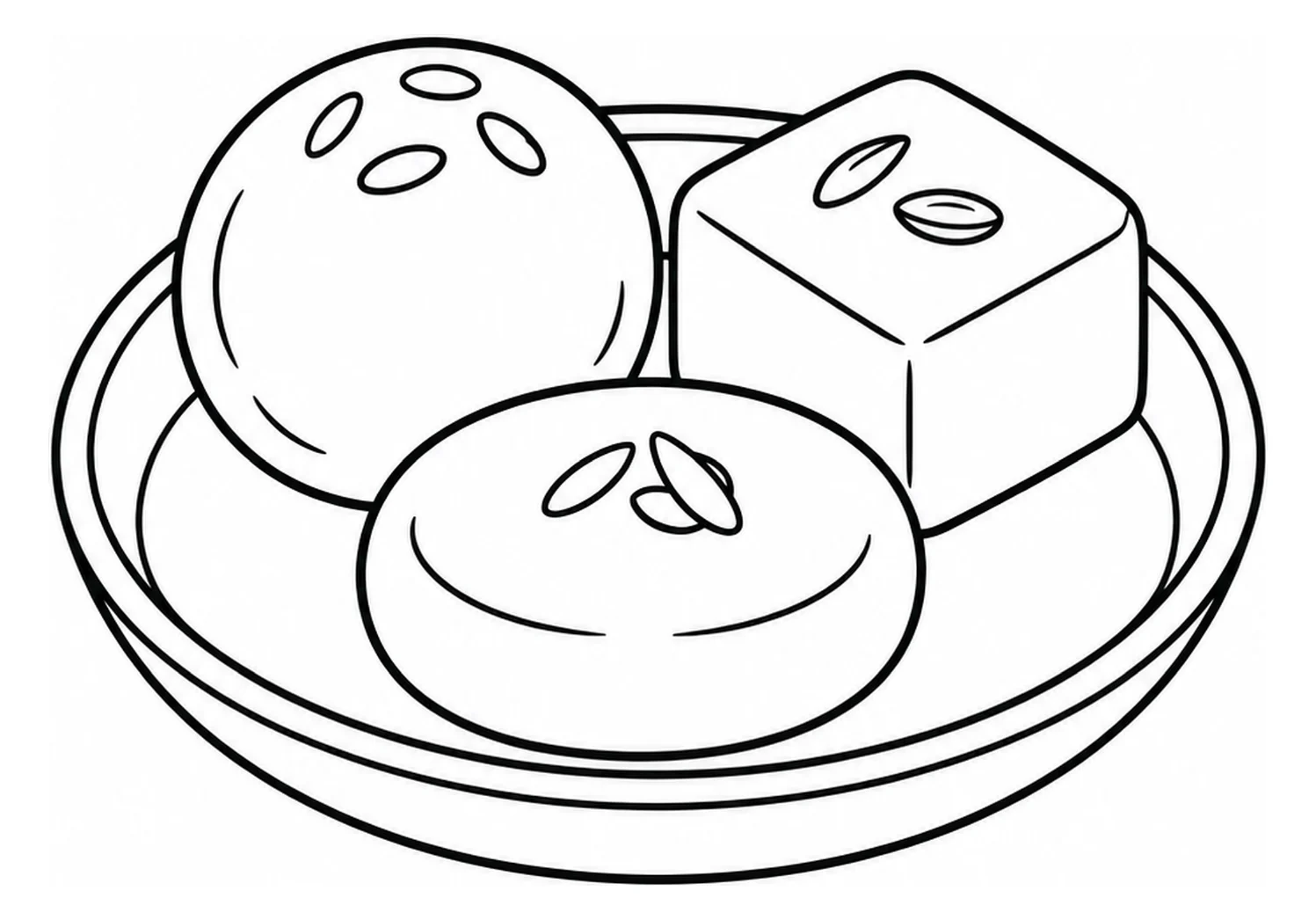 Kleurplaat: een ronde schaal met ronde ladoos, ruitvormige barfi en een spiraalvormige jalebi.