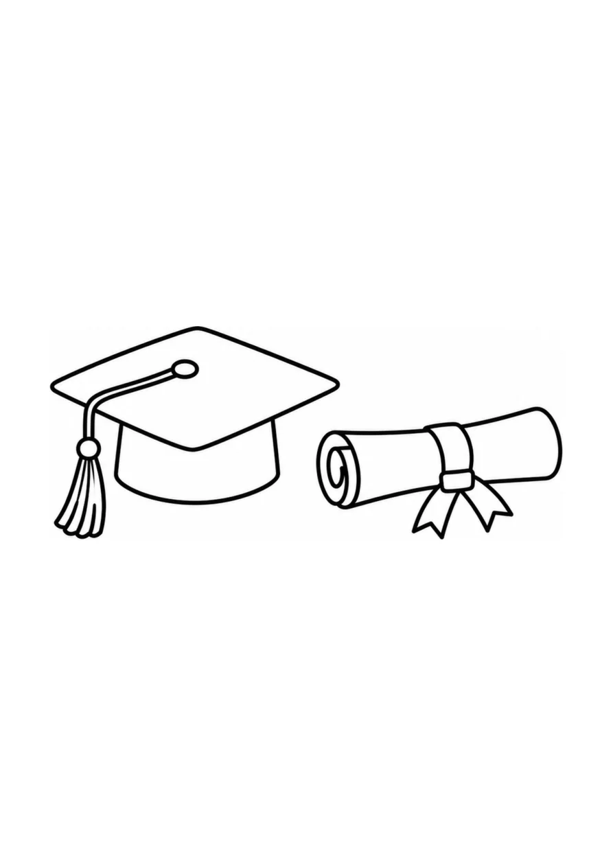 An easy coloring page with one graduation cap and one rolled diploma.