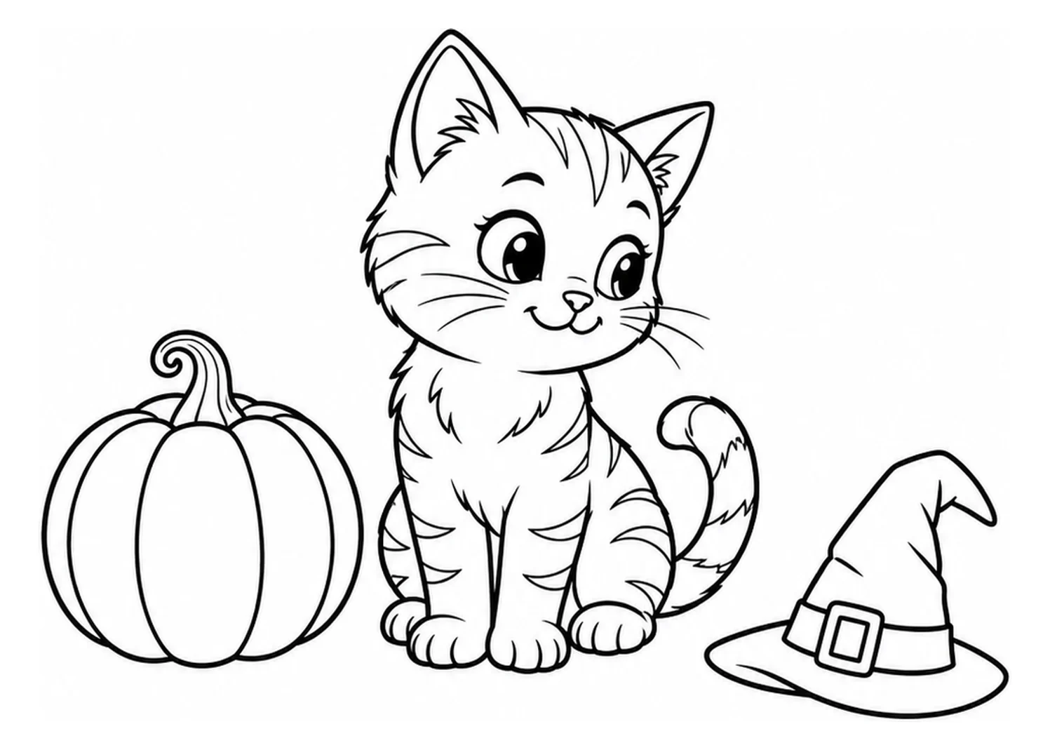 Gattino di Halloween carino e zucca e cappello da strega come disegno da colorare di media difficoltà.