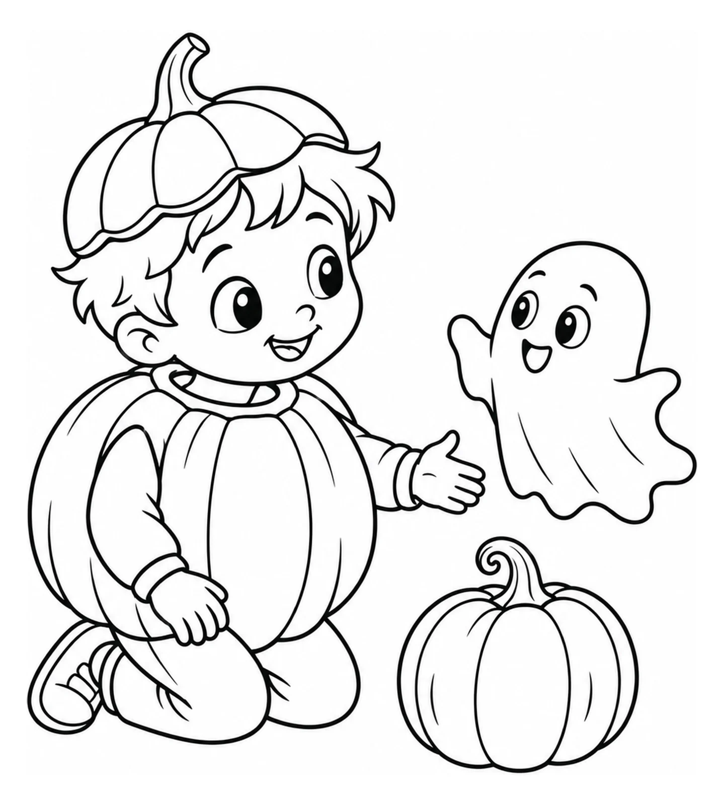 Bambino vestito da zucca e fantasmino e zucca come disegno da colorare di media difficoltà.