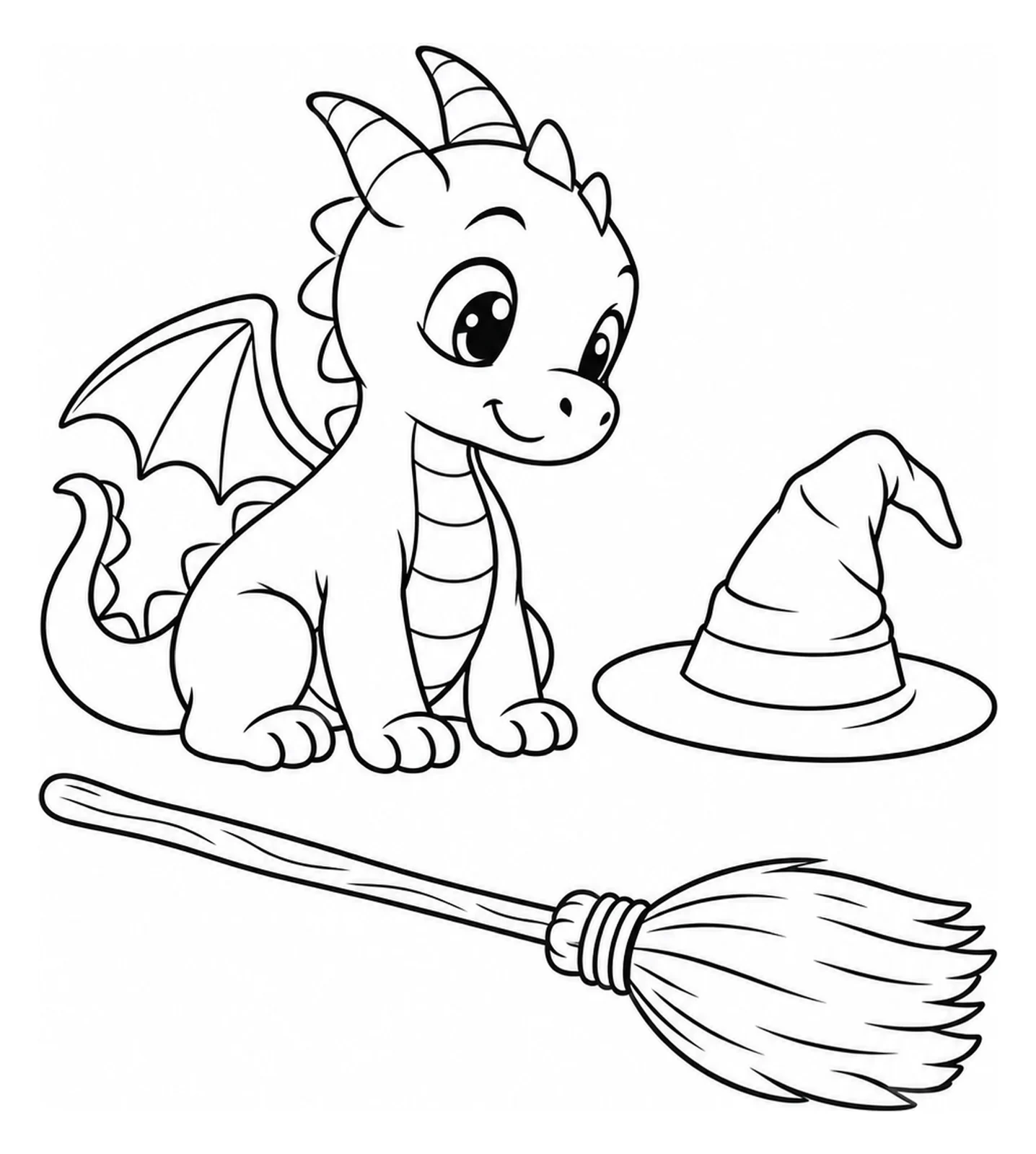 Cucciolo di drago e cappello da strega e scopa come disegno da colorare di media difficoltà.