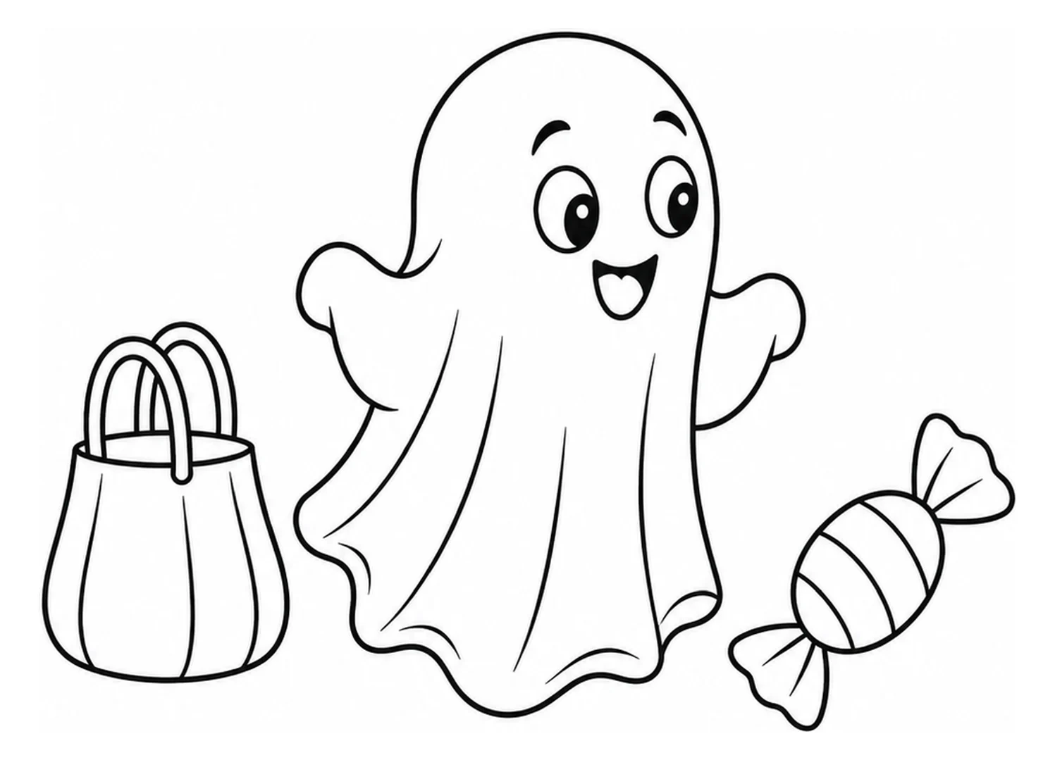 Fantasmino simpatico e sacchetto di caramelle e caramella incartata come disegno da colorare di media difficoltà.