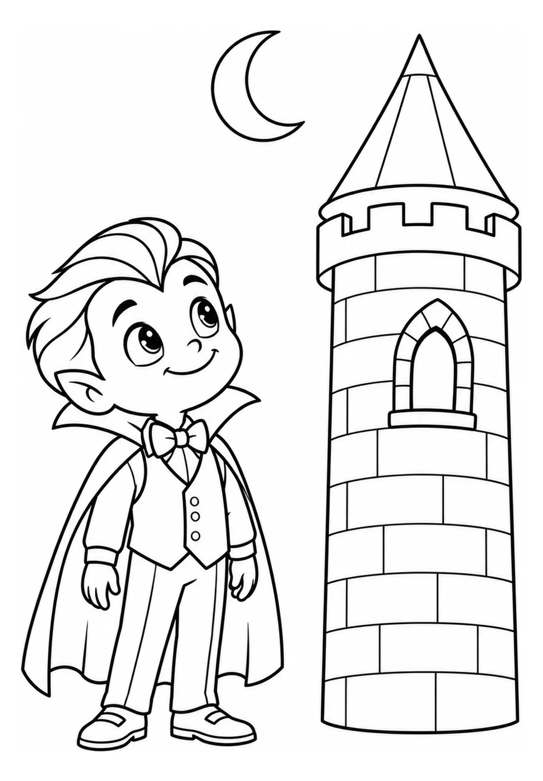 Vampiretto simpatico e torre del castello e luna crescente come disegno da colorare di media difficoltà.