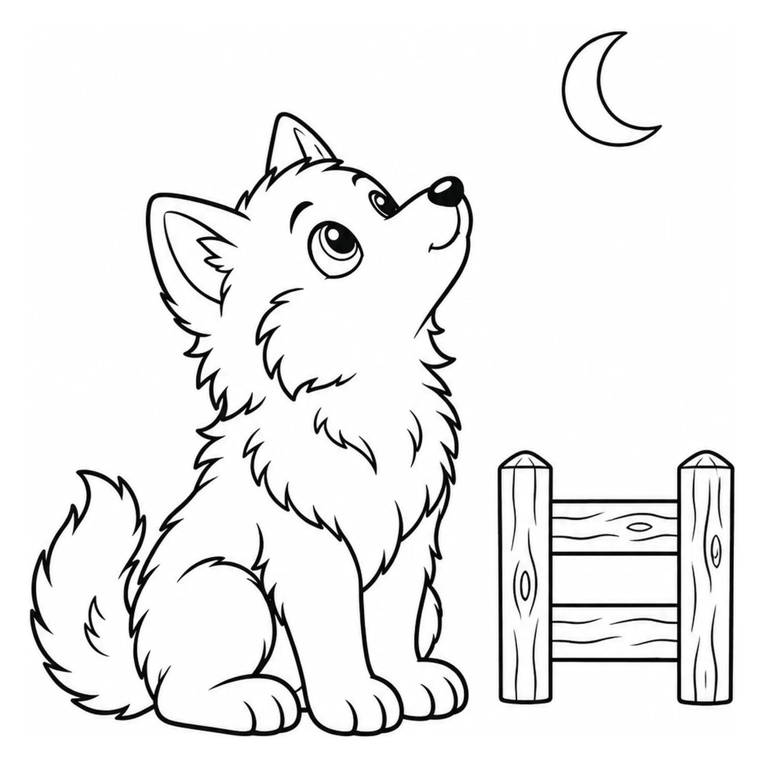 Cucciolo di lupo mannaro morbidoso e pezzo di staccionata e luna crescente come disegno da colorare di media difficoltà.