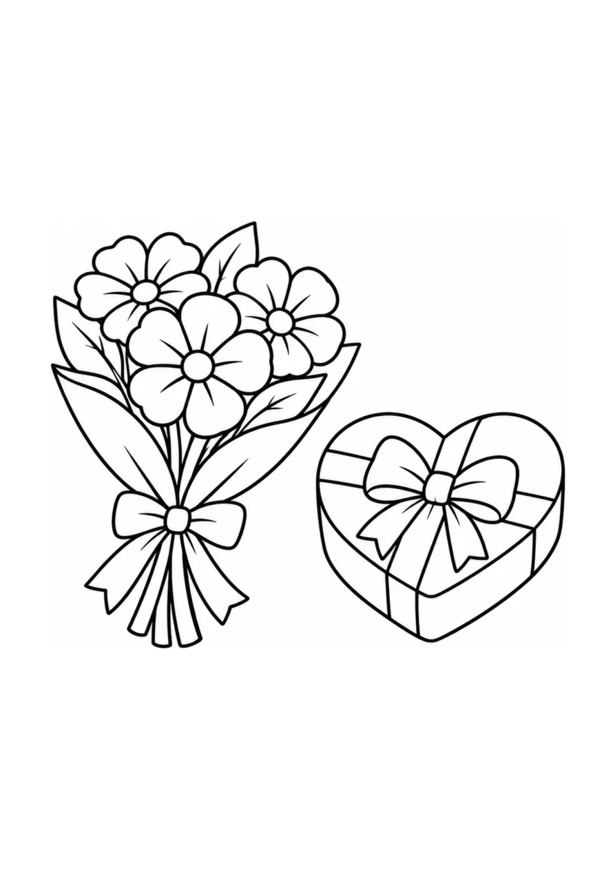 Blumenstrauß und herzförmige Geschenkbox als einfaches Ausmalbild.