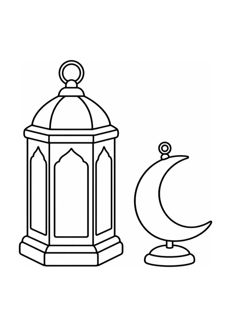 An easy coloring page with one ramadan lantern and one crescent moon ornament.