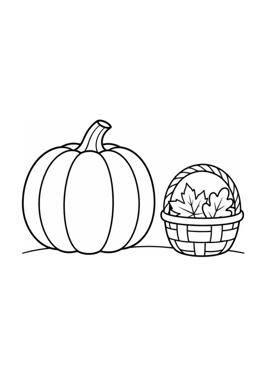 Citrouille de Thanksgiving et panier de récolte tressé, un coloriage facile.