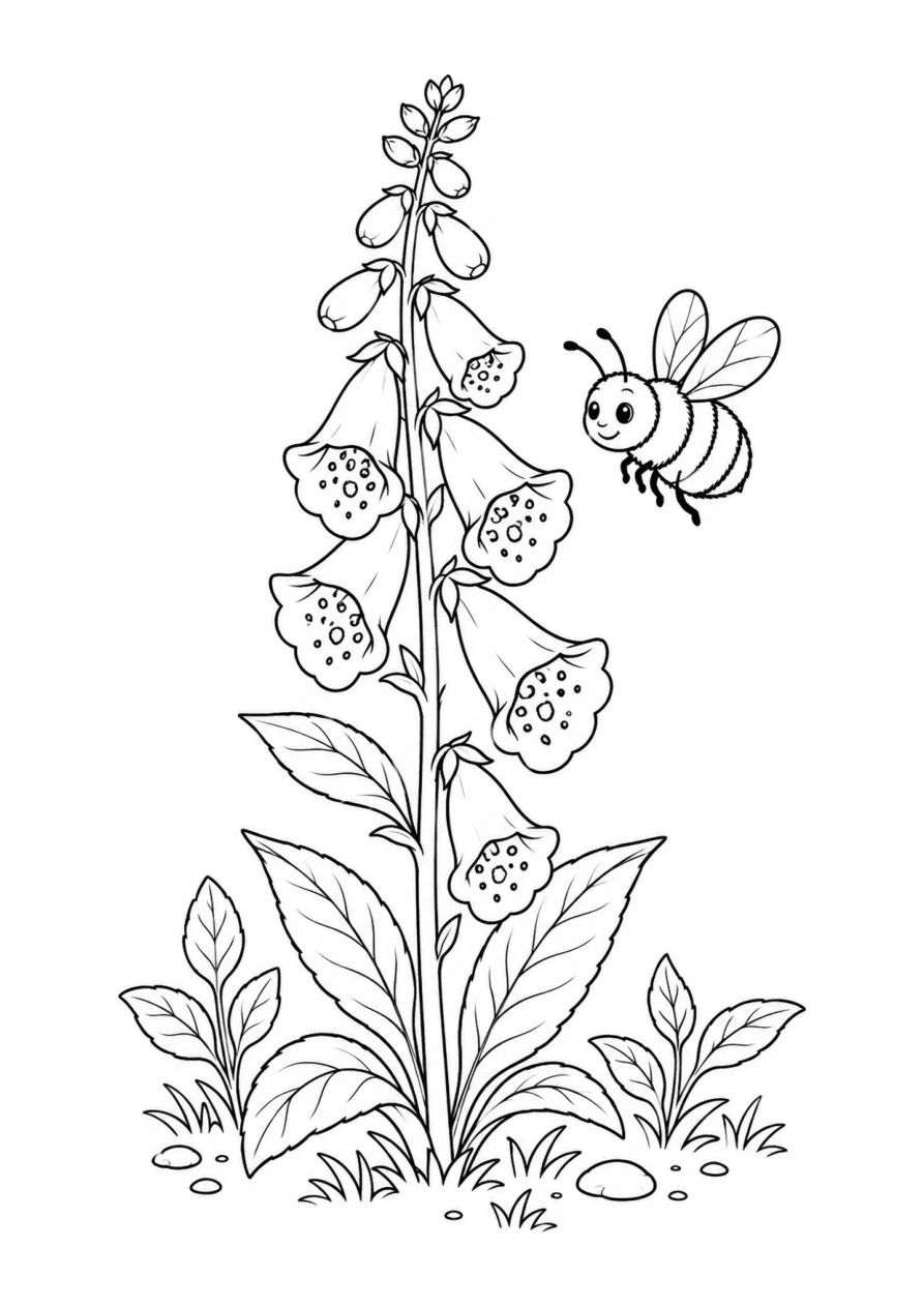 Coloriage en noir et blanc: Une haute digitale fleurit tandis qu’un bourdon vole près de ses clochettes ouvertes et que deux pousses feuillues grandissent dessous.