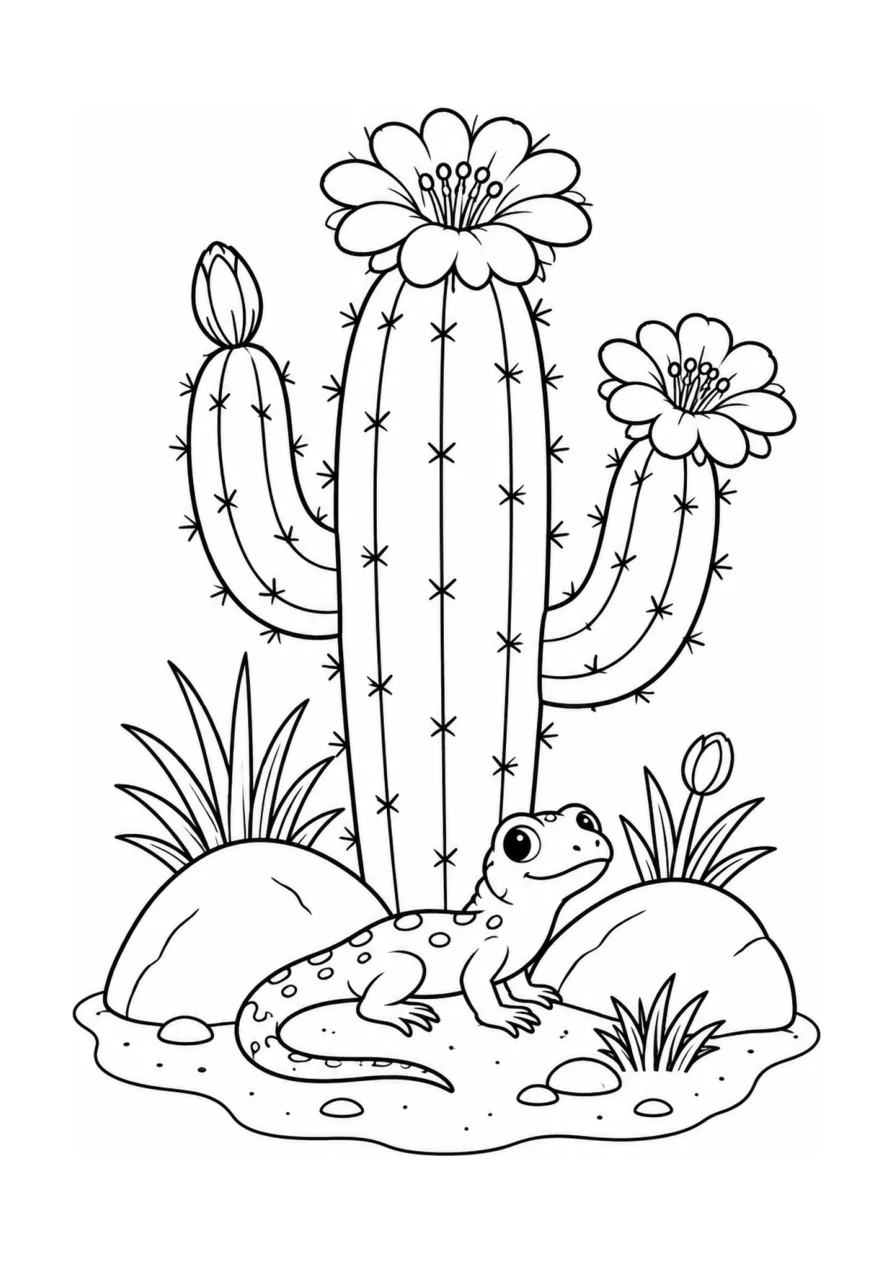 Black-and-white coloring page: A blooming cactus, a lizard and two smooth rocks form a friendly desert scene.
