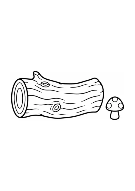 Gefallener Baumstamm und gefleckter Pilz als einfaches Ausmalbild.