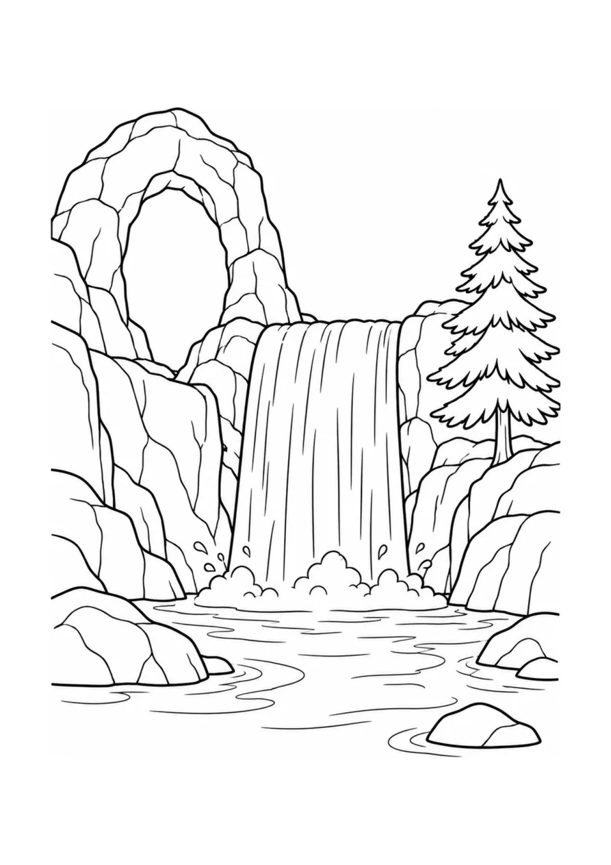 A medium coloring page with one waterfall, one rock arch, and one pine tree.