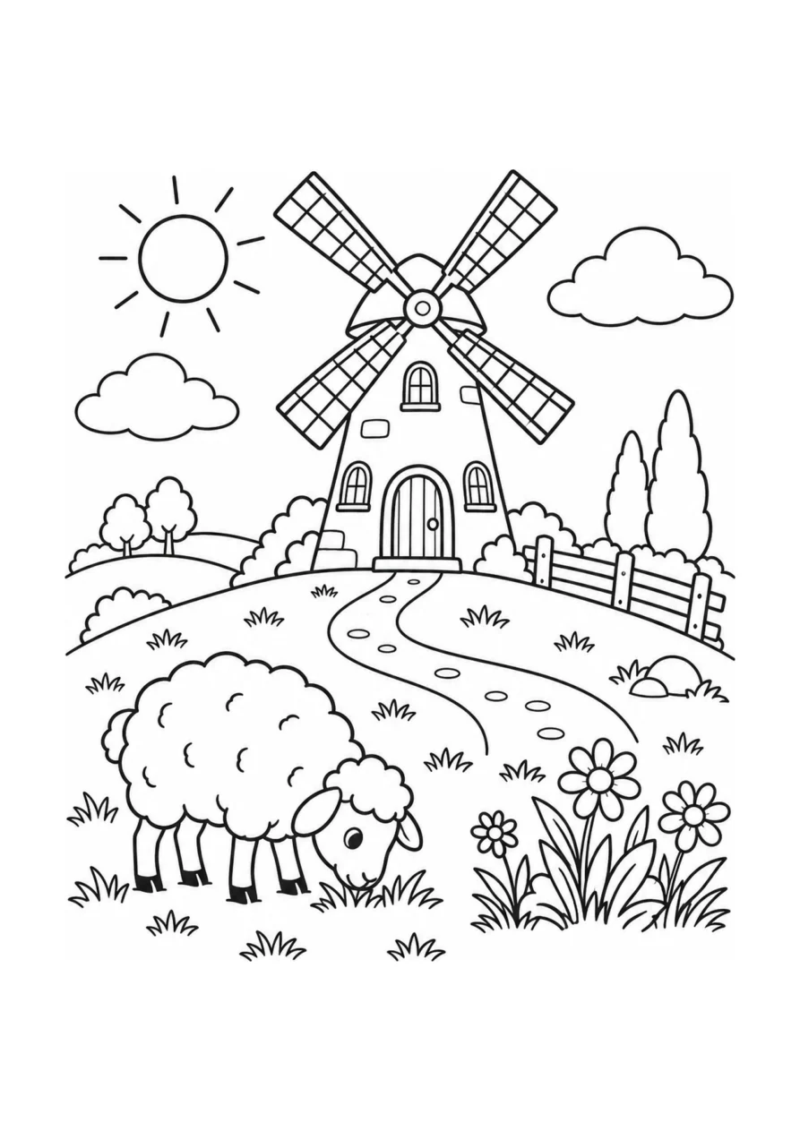 Black-and-white coloring page: A friendly windmill stands above rolling hills while a sheep grazes below beside a flower patch.