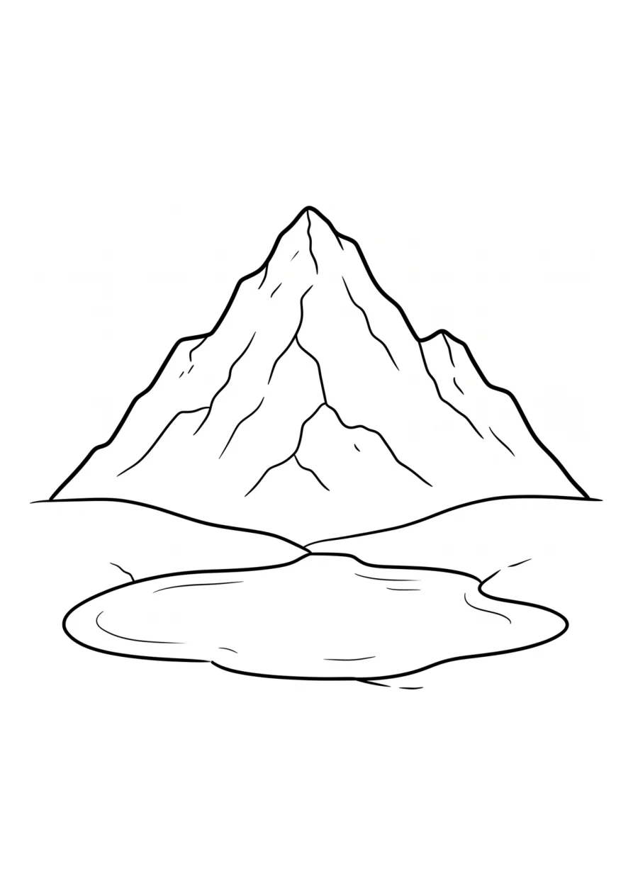 Berggipfel und Alpensee als einfaches Ausmalbild.