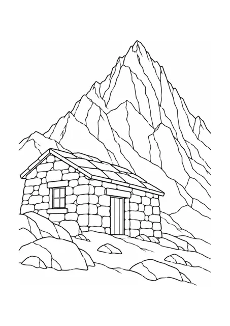 Berggipfel aus Granit und Berghütte aus Stein als mittelschweres Ausmalbild.