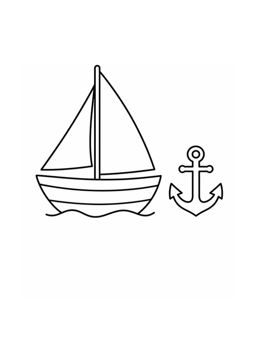 An easy coloring page with one sailboat and one anchor.