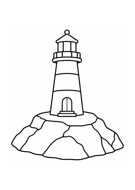 Leuchtturm und felsige Insel als einfaches Ausmalbild.