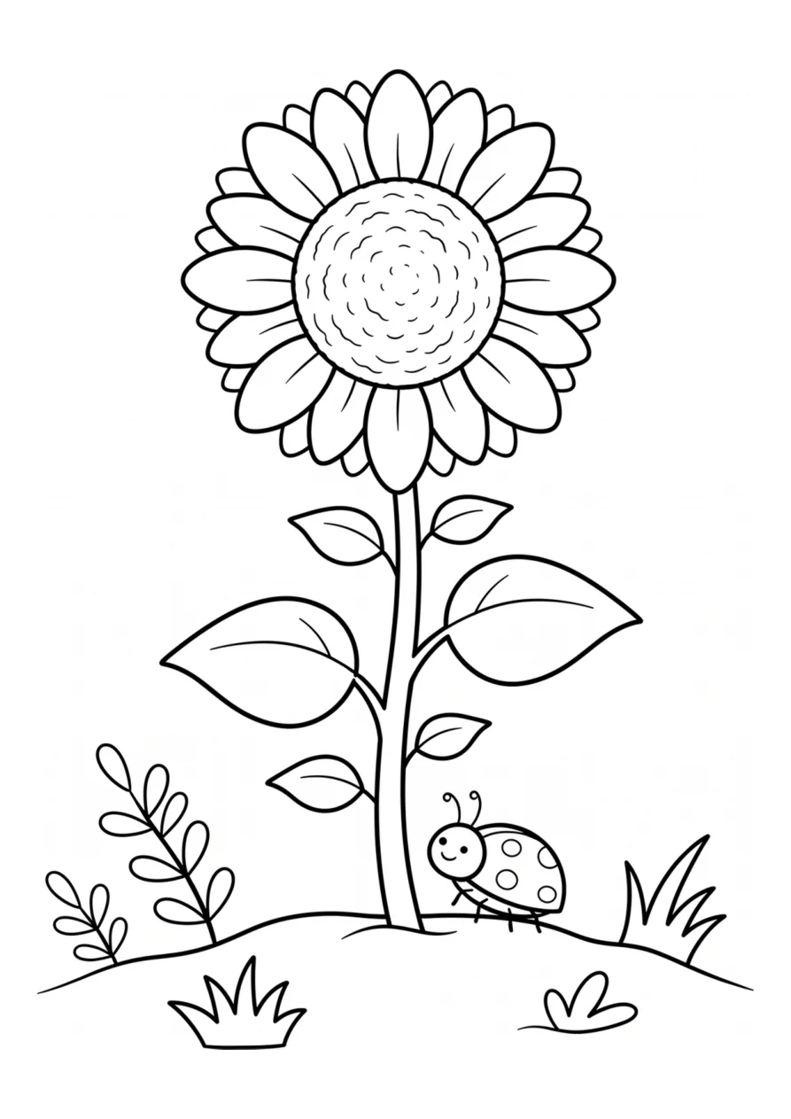 An easy coloring page with one sunflower and one ladybug.