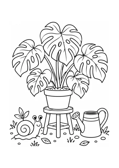 Schwarz-weißes Ausmalbild: Eine Topfmonstera, eine Gießkanne und eine Schnecke stehen auf einem Pflanzenständer.