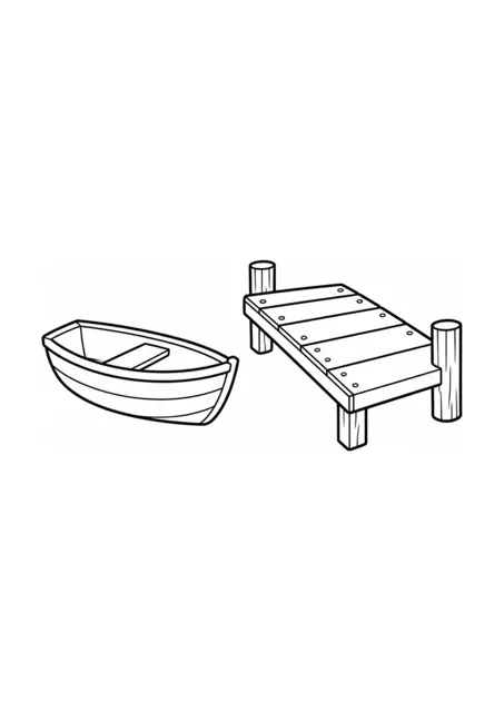 Kleines Ruderboot und Holzsteg als einfaches Ausmalbild.