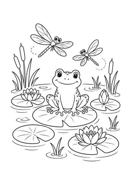 Schwarz-weißes Ausmalbild: Ein freundlicher Frosch sitzt auf einem Seerosenblatt, während zwei Libellen über dem stillen Teich schweben.