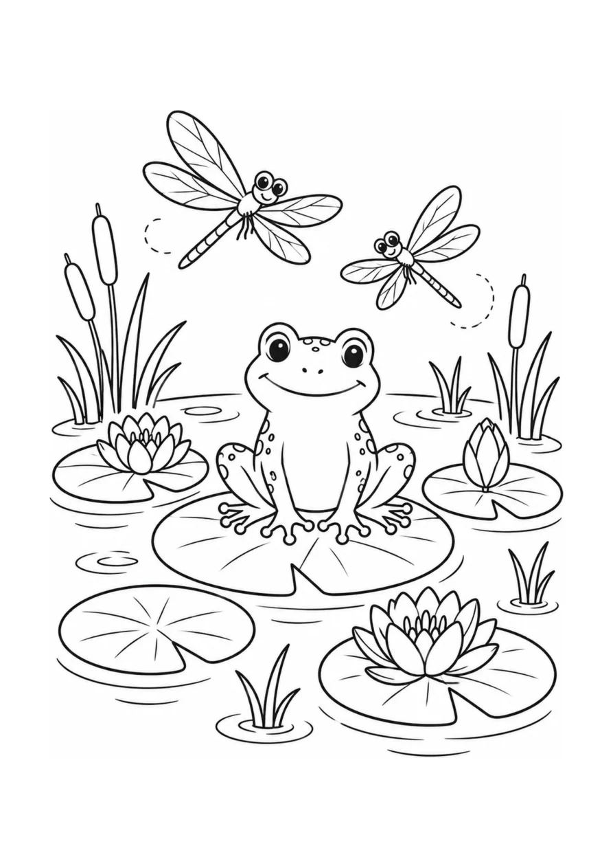 Schwarz-weißes Ausmalbild: Ein freundlicher Frosch sitzt auf einem Seerosenblatt, während zwei Libellen über dem stillen Teich schweben.