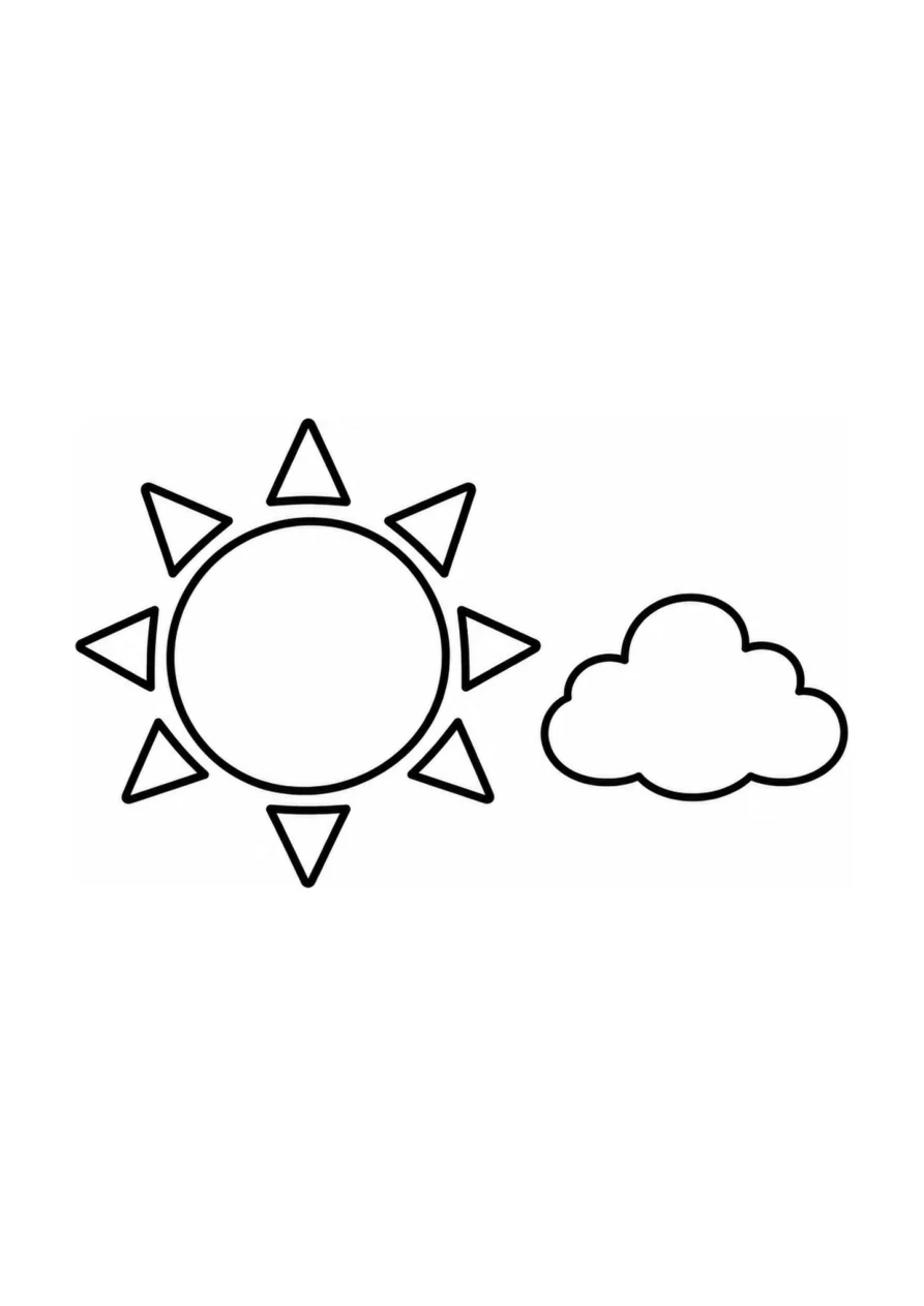 Soleil éclatant et petit nuage duveteux, un coloriage facile.