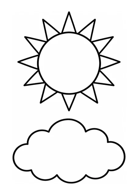 Sonne und flauschige Wolke als einfaches Ausmalbild.