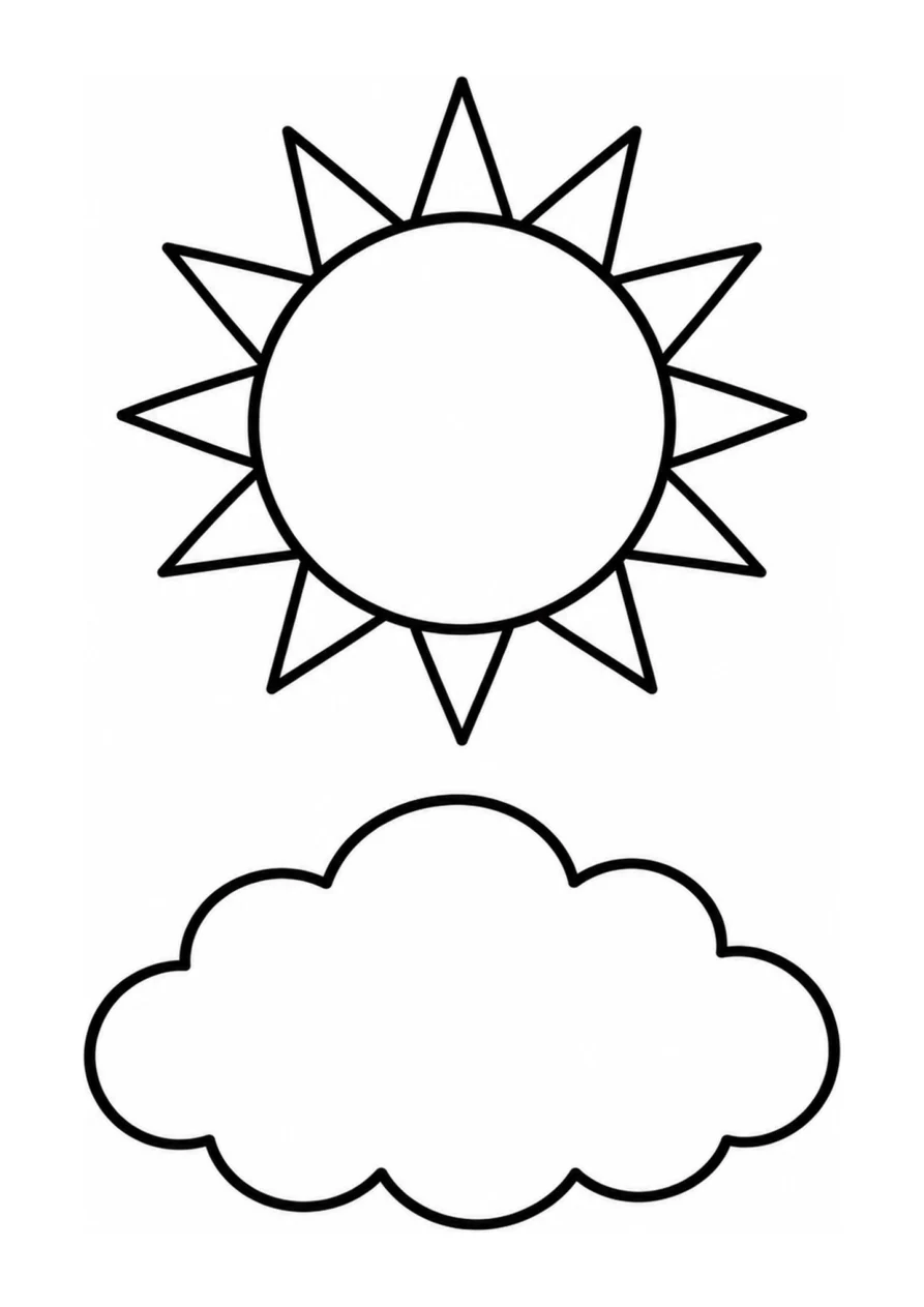 An easy coloring page with one sun and one fluffy cloud.