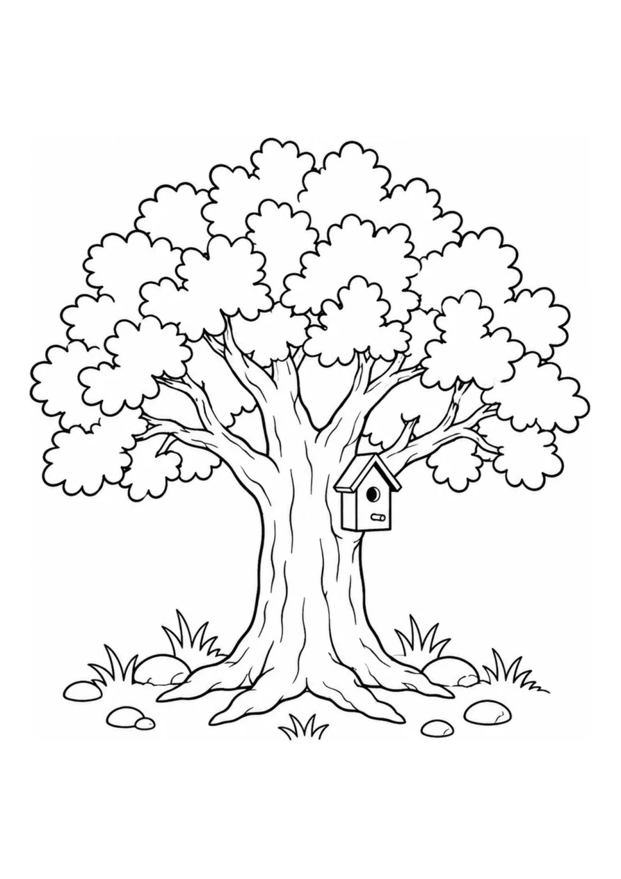 Carvalho e casa de passarinho como página para colorir fácil.