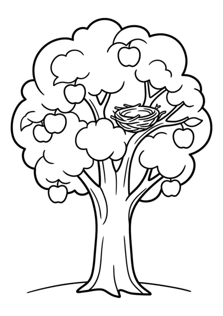 Apfelbaum und Vogelnest als einfaches Ausmalbild.